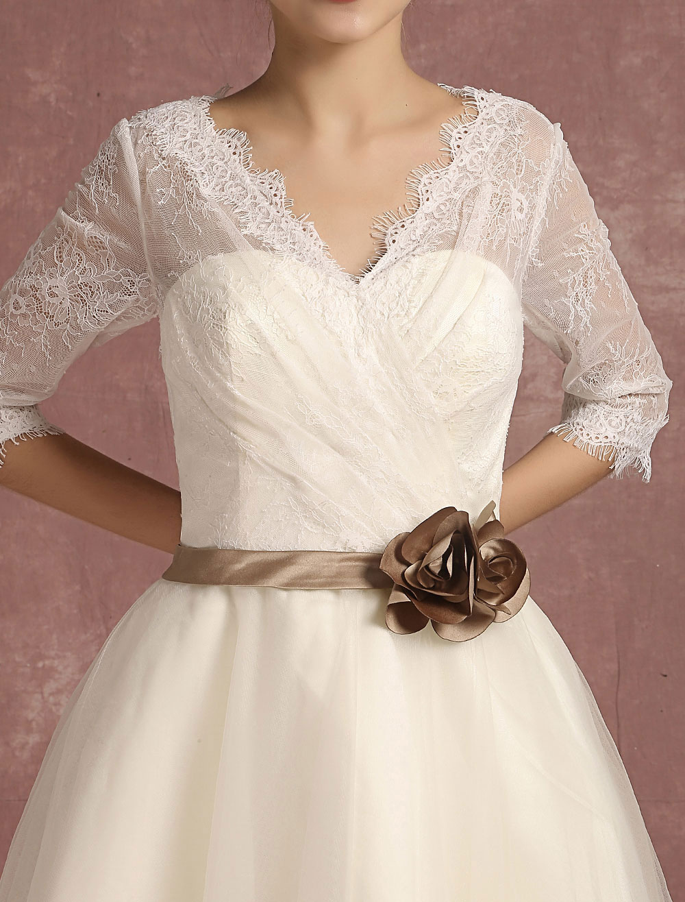 Vintage Wedding Dress Short Lace Tulle Bridal Dress Half Sleeve V Neck Backless A Line Flower Sash Tea Length Bridal Gown Exclusive-newarrivaldress