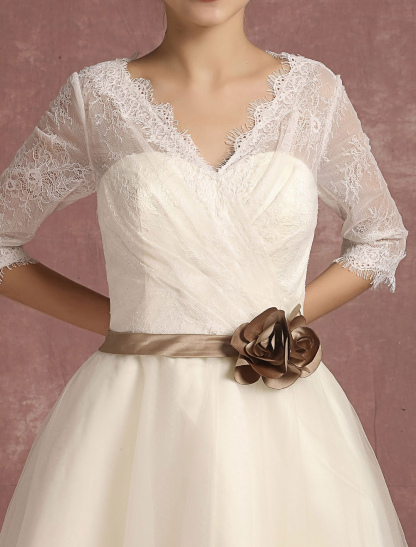 Vintage Wedding Dress Short Lace Tulle Bridal Dress Half Sleeve V Neck Backless A Line Flower Sash Tea Length Bridal Gown Exclusive-newarrivaldress