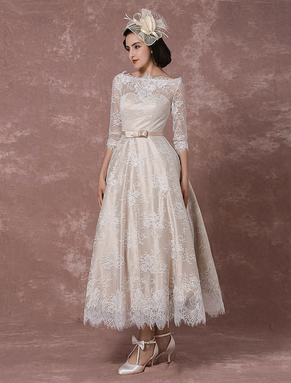 Lace Wedding Dress Vintage Bateau Champagne Half Sleeves Bridal Gown A Line Backless Tea Length Sash Reception Bridal Dress Exclusive-newarrivaldress