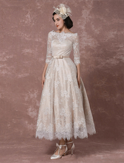 Lace Wedding Dress Vintage Bateau Champagne Half Sleeves Bridal Gown A Line Backless Tea Length Sash Reception Bridal Dress Exclusive-newarrivaldress
