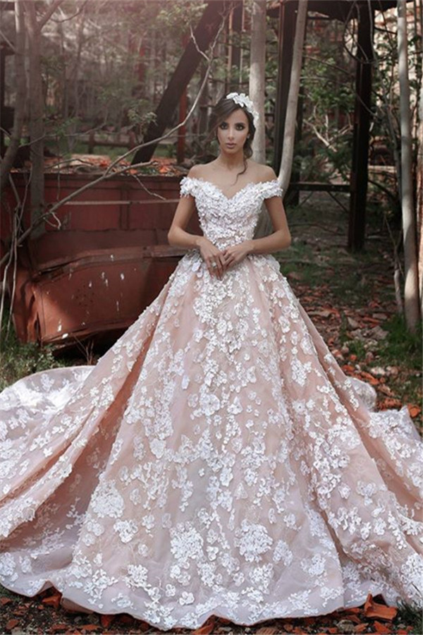 Sexy Pink Off The Shoulder Wedding Dresses | Lace Appliques Chapel Train Bridal Dresses-newarrivaldress