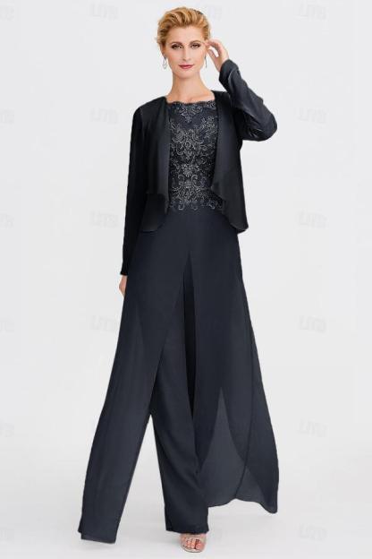 Scoop Neck Chiffon Three Pieces Mother of the Bride Jumpsuits with Lace Appliques-newarrivaldress