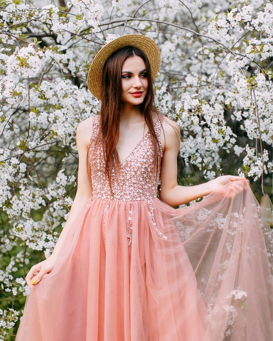 Wonderful Tulle Beading V-Neck Pink Evening Dress-newarrivaldress