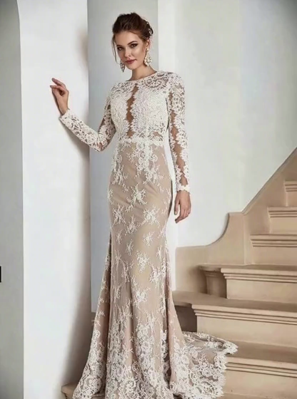 White Lace Appliques Mermaid Evening Dresses Long Sleeves