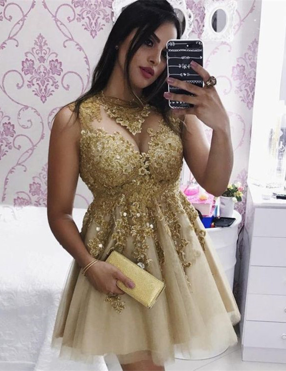 Delicate Gold Lace Beads Short Homecoming Dress | Sleeveless Cocktail Dress-newarrivaldress