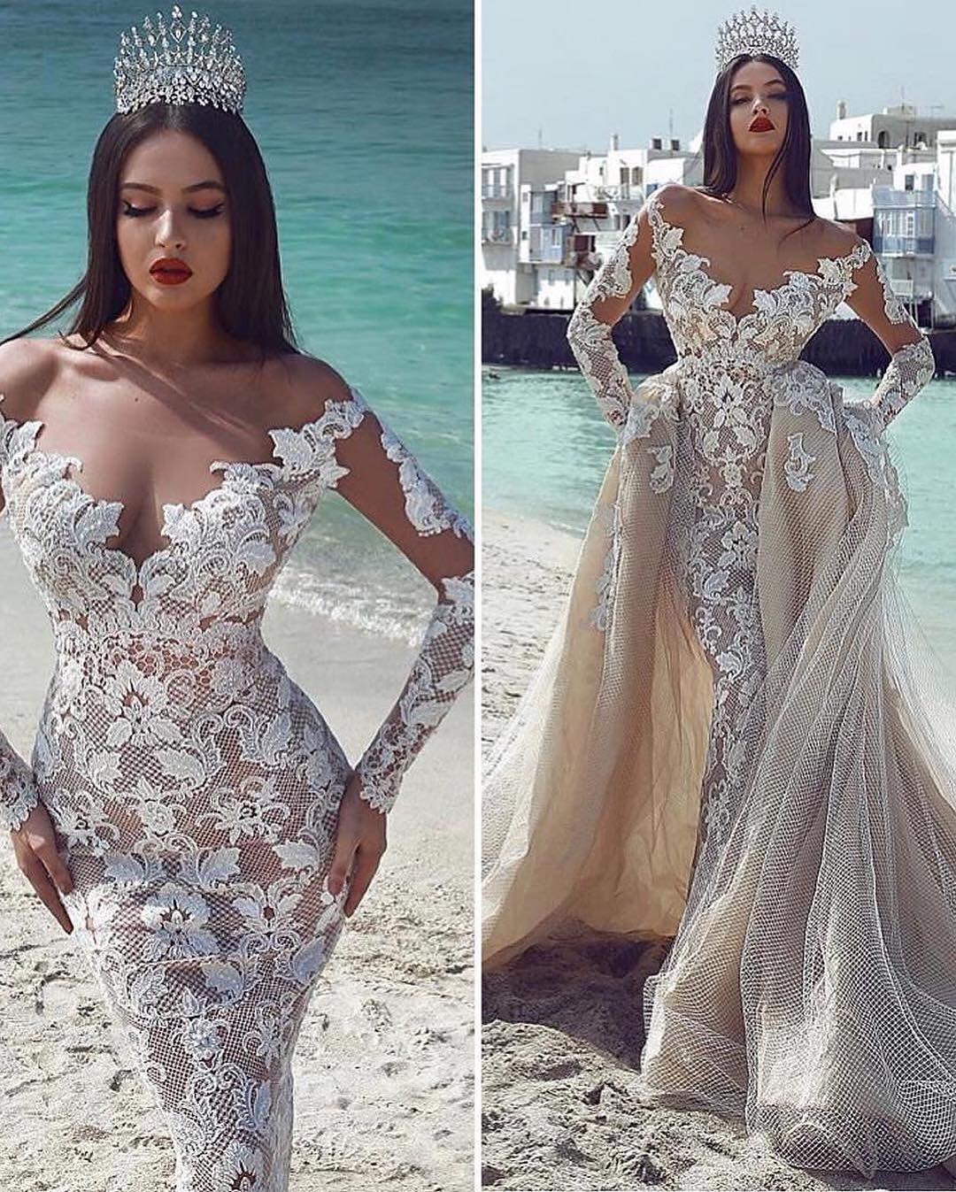 Glamorous V-Neck Long Sleeves Tulle Applique Wedding Dresses with Overskirt-newarrivaldress