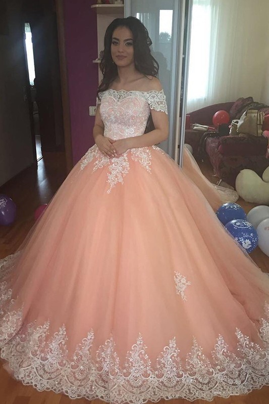 Mordern Off-the-Shoulder Lace Appliques Ball Gown Tulle Sweep Train Prom Dresses-newarrivaldress