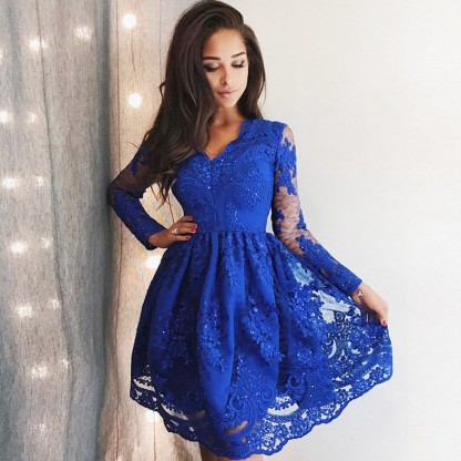 Cute Royal Blue Lace Long Sleeve Homecoming Dress | 2021 Short Party Gown-newarrivaldress