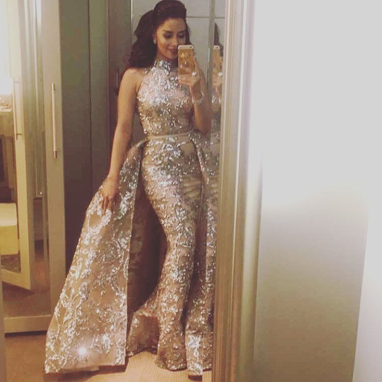 Silver Beads Appliques Overskirt Prom Dresses Long | Sleeveless Champagne Formal Dress-newarrivaldress