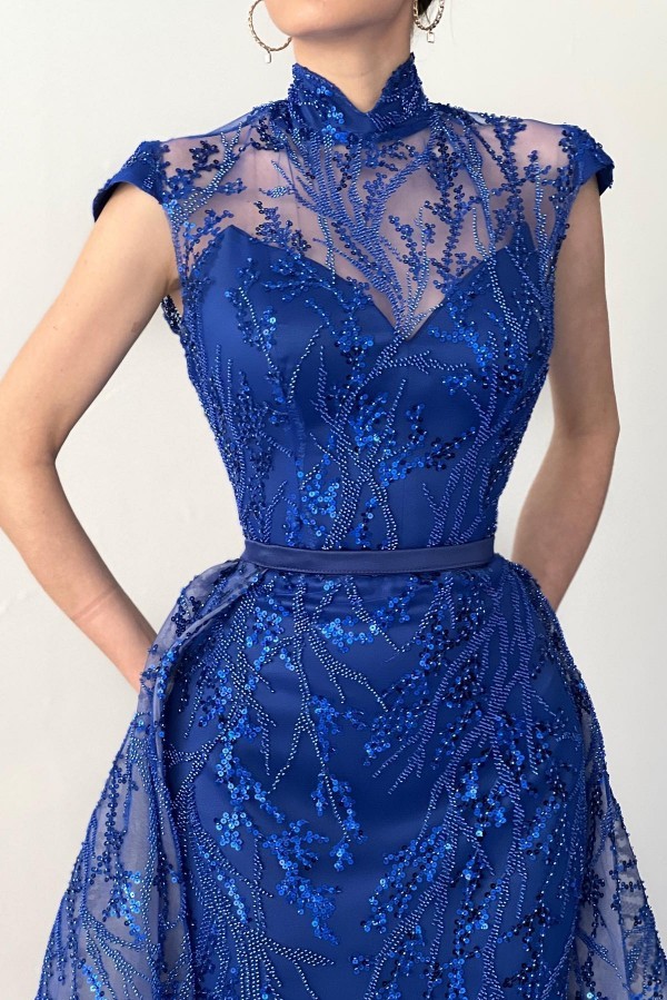 Royal Blue High Neck Beadings Mermaid Prom Dress Cap Sleeves Long Evening Gown with Sweep Train-newarrivaldress