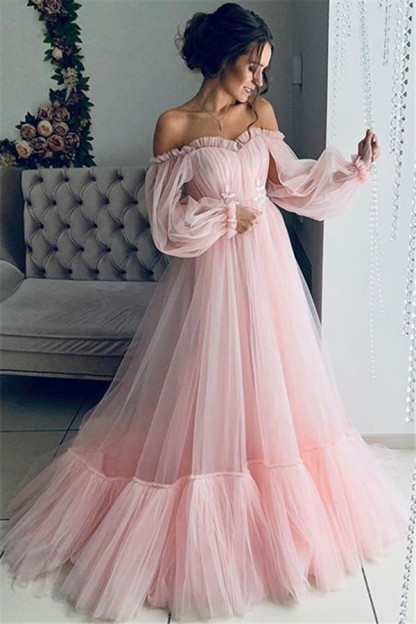 Chic Off-The-Shoulder Long-Sleeves Sheer-Tulle Prom Dress-newarrivaldress