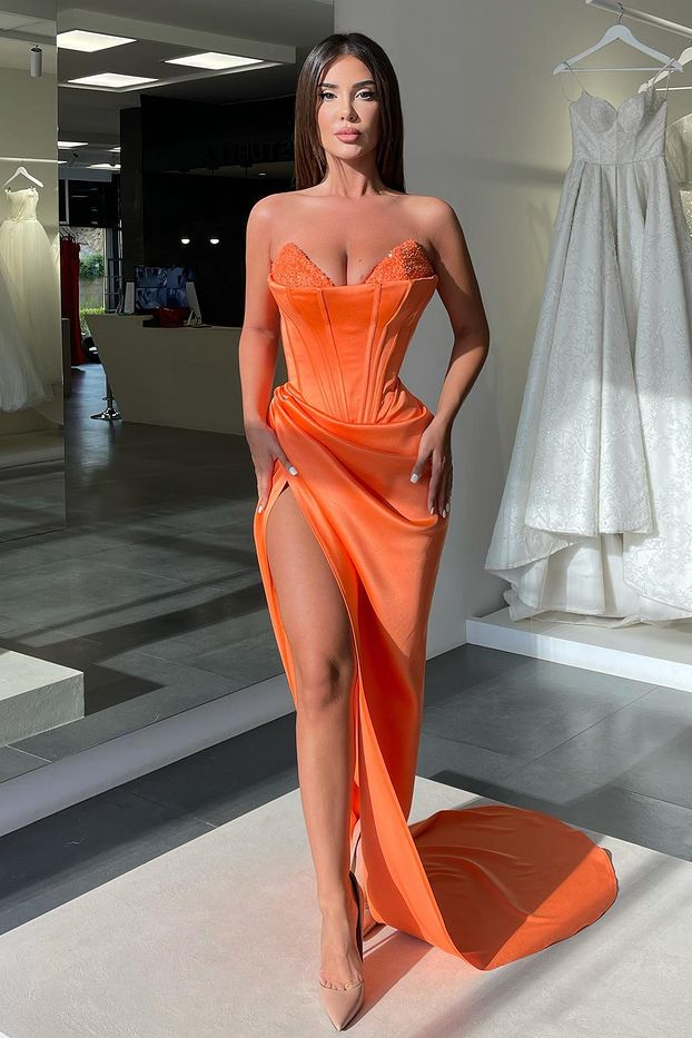 Charming Sleeveless Orange Ruched Satin Side Slit Evening Dress with Beadings-newarrivaldress