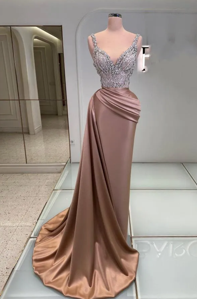 Charming Sparkly Sequins V-Neck Long Evening Dress Sleeveless Satin Prom Dress-newarrivaldress
