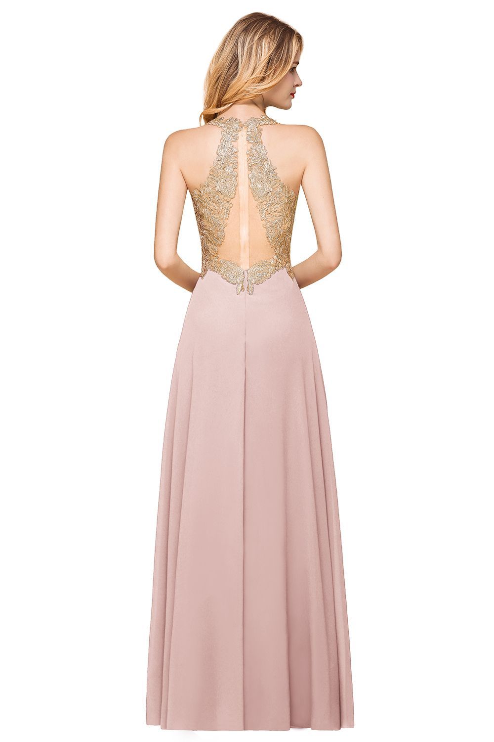Elegant Aline Chiffon Long Evening Dress Sleeveless Gold Appliques Wedding Party Dress-newarrivaldress