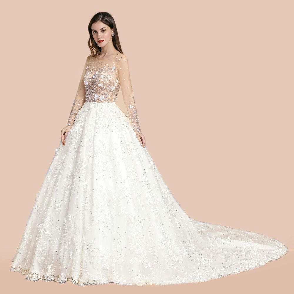 Gorgeous Scoop Neck Wedding Dress Long Sleeves Glitter Floral Lace Aline Bridal Dress-newarrivaldress