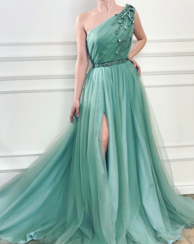 Elegant Appliques One-Shoulder Side-Slit Sleeveless Tulle A-Line Prom Dresses-newarrivaldress