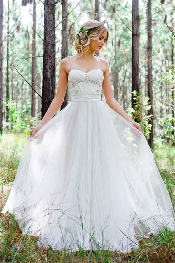 Tulle A-Line Custom Made Sexy Spaghetti Straps Beadings Simple Wedding Dresses-newarrivaldress