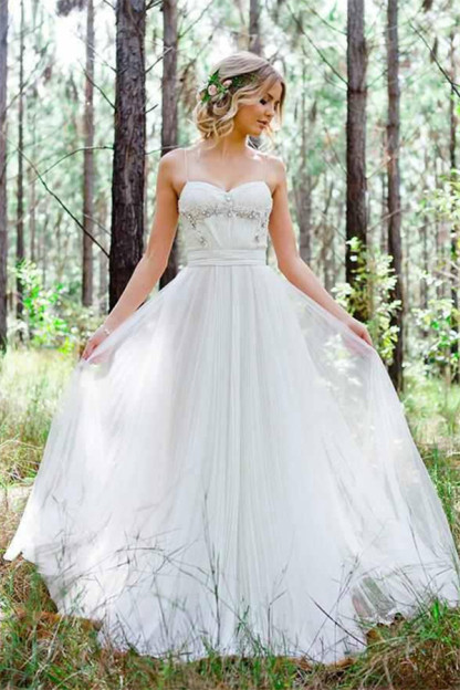 Tulle A-Line Custom Made Sexy Spaghetti Straps Beadings Simple Wedding Dresses-newarrivaldress