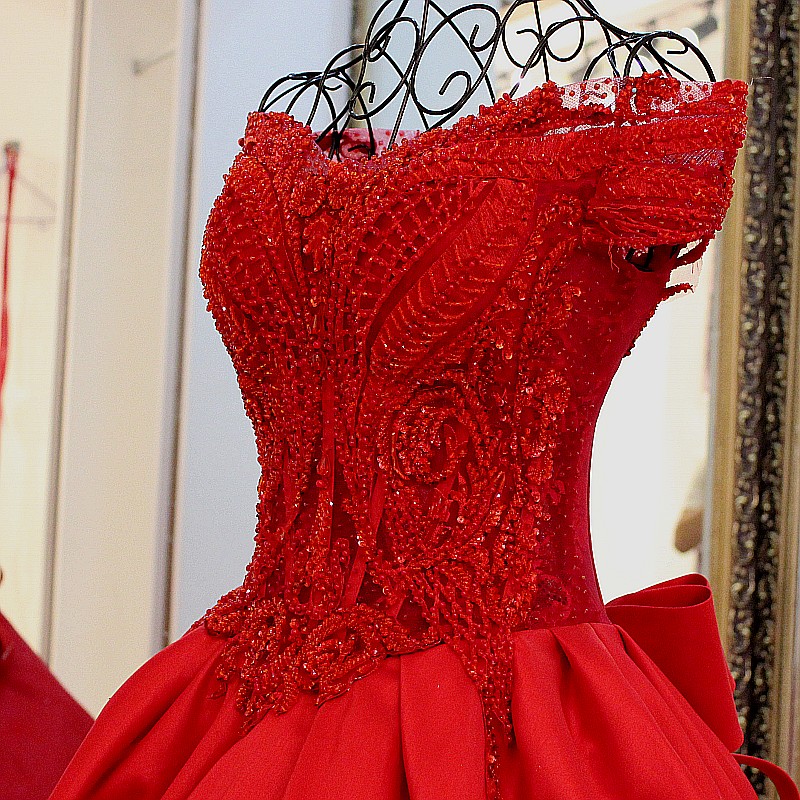Red Off-the-shoulder Bow Lace-up V-neck Floor Length Evening gown with appliques-newarrivaldress