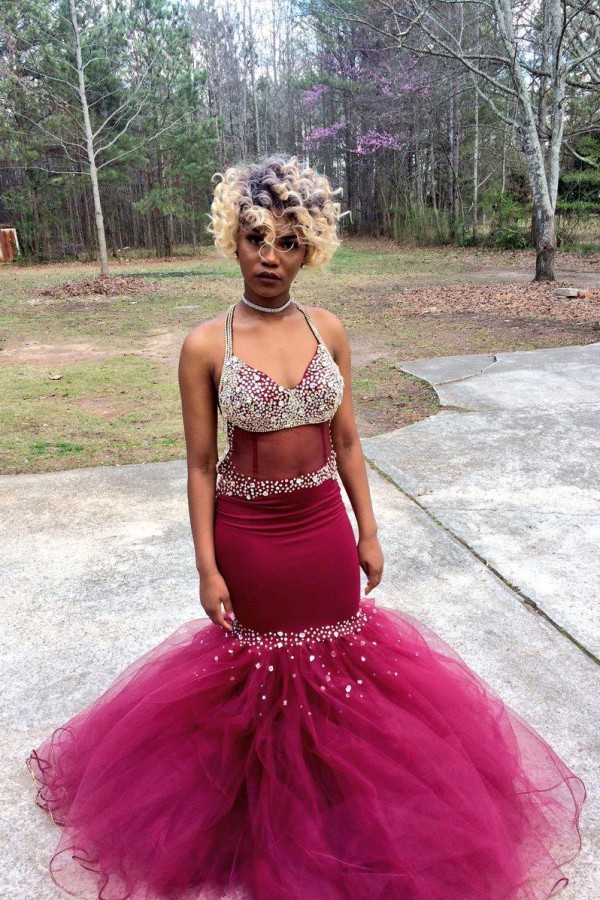 Tulle Mermaid Gorgeous Crystal V-Neck Prom Dress-newarrivaldress
