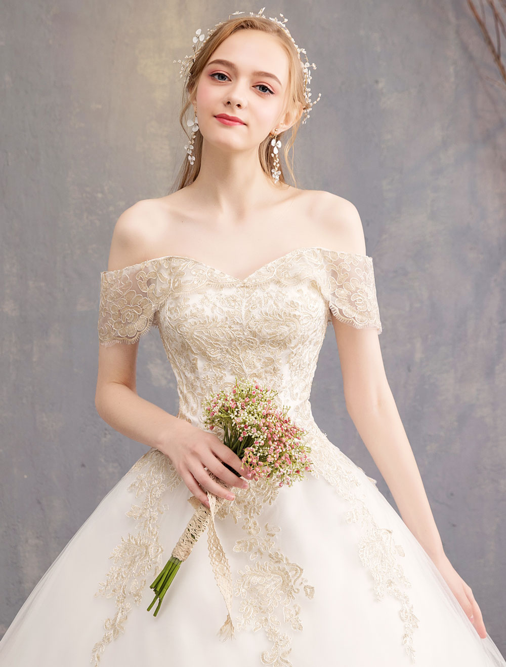 Princess Wedding Dress Ivory Lace Applique Off The Shoulder Short Sleeve Bridal Gown-newarrivaldress
