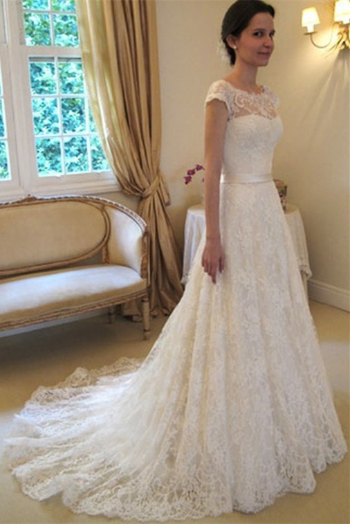 A-Line Short Sleeve Court Train Wedding Dress New Arrival Bowknot Custom Made Bridal Gown-newarrivaldress