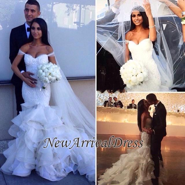 Mermaid Off The Shoulder Sexy Wedding Dresses | Ruffled Tulle Bridal Gowns with Cathedral Train-newarrivaldress
