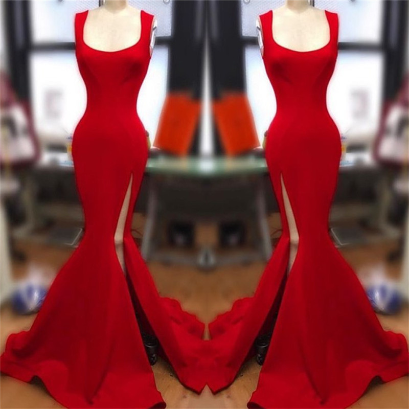 Straps Mermaid Red Long Prom Dresses for Juniors | Square Neckline Sleeveless Evening Gowns with Slit-newarrivaldress