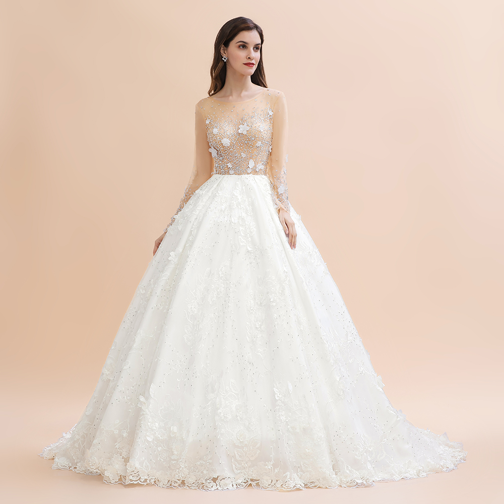 Gorgeous Scoop Neck Wedding Dress Long Sleeves Glitter Floral Lace Aline Bridal Dress-newarrivaldress