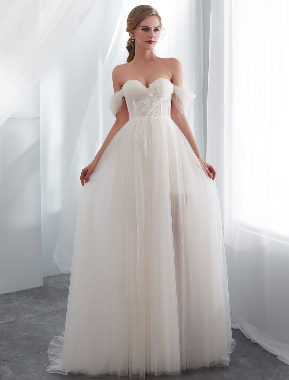 Wedding Dresses Tulle Ivory Off The Shoulder Sweetheart Beach Bridal Dress With Train-newarrivaldress