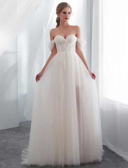 Wedding Dresses Tulle Ivory Off The Shoulder Sweetheart Beach Bridal Dress With Train-newarrivaldress