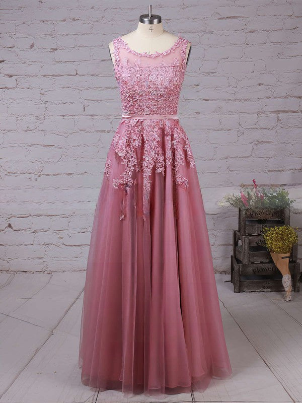Elegant Crew Tulle A-line Evening Dress with Lace Appliques Floor-Length Formal Dresses-newarrivaldress