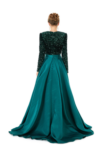 Charming Sparkly Sequins Long Evening Dress Satin Side Split Dress with Long Sleeves-newarrivaldress