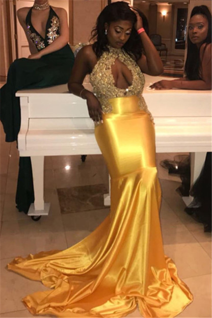 Glamorous Halter High-Neck Appliques Prom Dresses | 2021 Sexy Sleeveless Keyhole Mermaid Evening Gowns-newarrivaldress