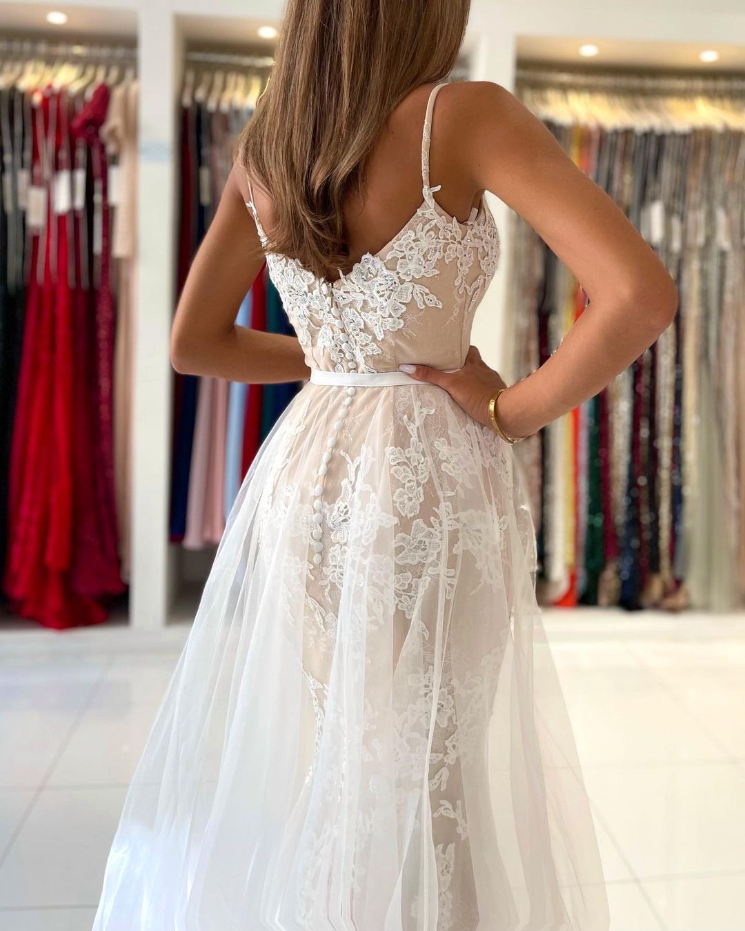 Charming Spaghetti Straps Lace Mermaid Evening Maxi Dress Sweetheart Prom Dress with Detachable Tulle Train-newarrivaldress