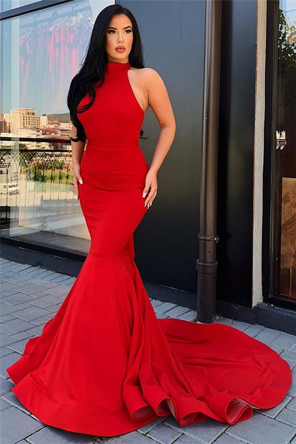 Straps Sleeveless Red Mermaid Open Back Sweep Train Prom Dresses-newarrivaldress