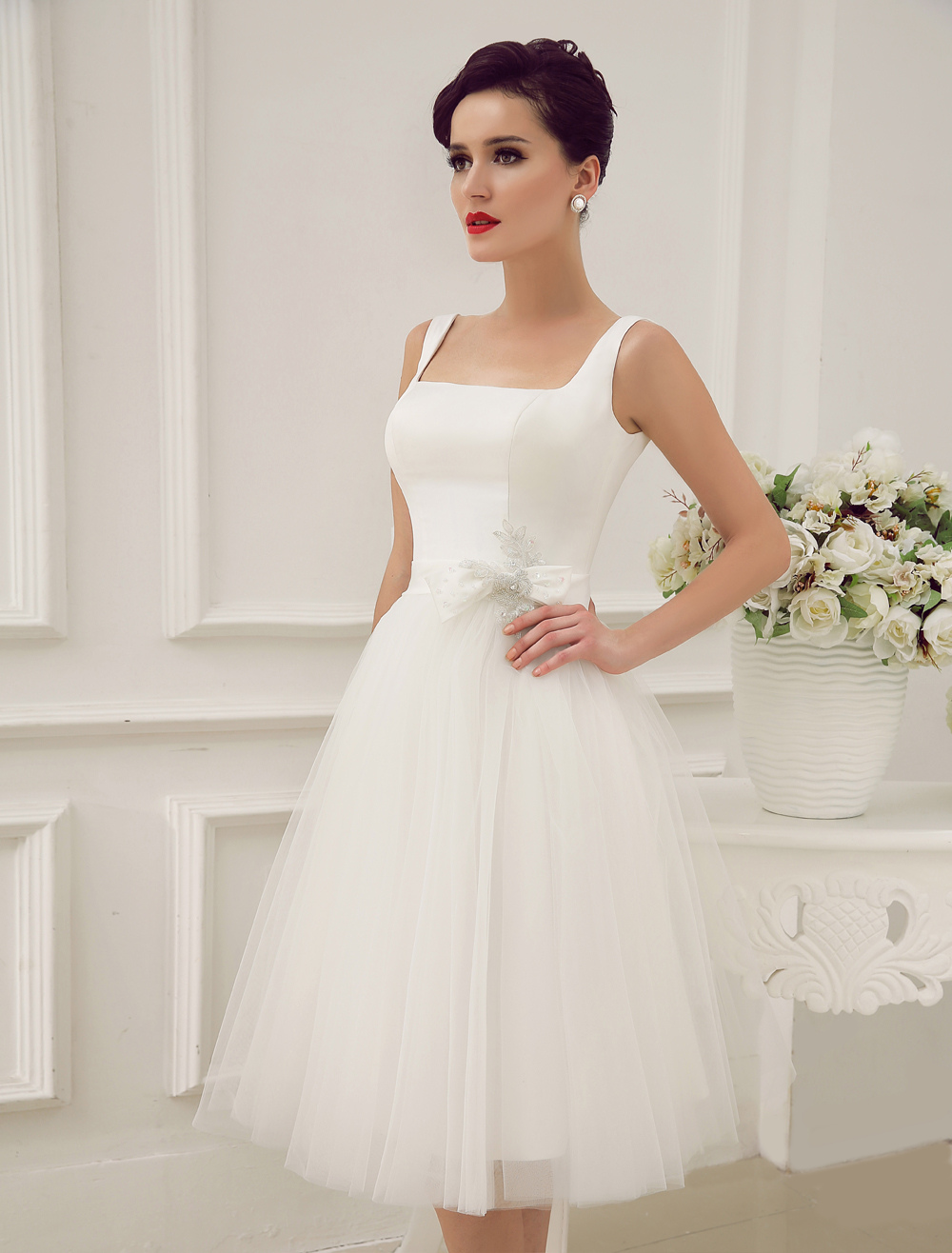 Simple Wedding Dresses Satin Square Neck Applique Short Bridal Dress With Beading Bow Sash Exclusive-newarrivaldress