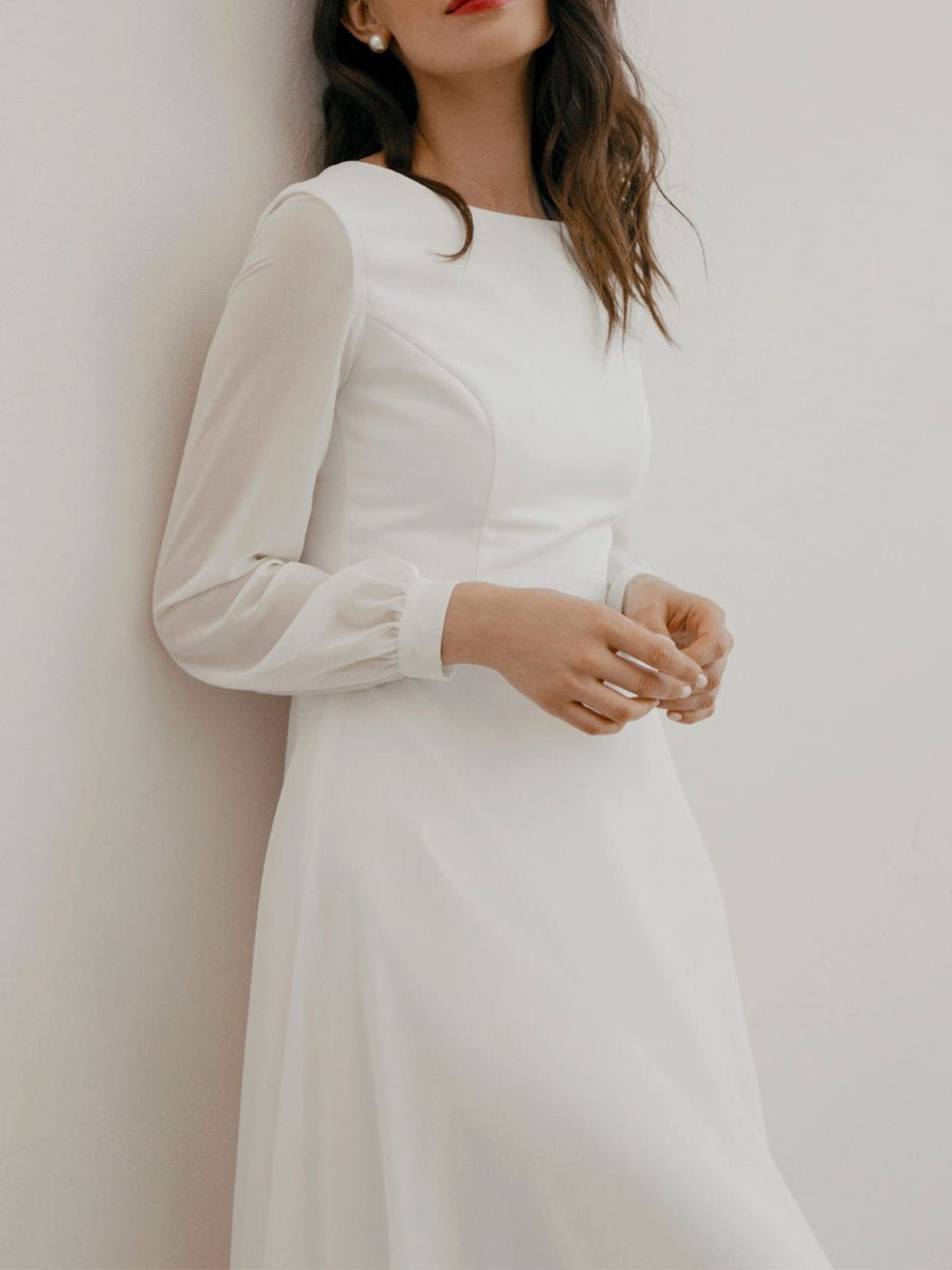 White A-Line Simple Wedding Dress Jewel Neck Long Sleeves Ankle-Length Zipper Chiffon Bridal Gowns-newarrivaldress