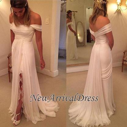 Lace Side Slit Chiffon Off The Shoulder Wedding Dresses-newarrivaldress