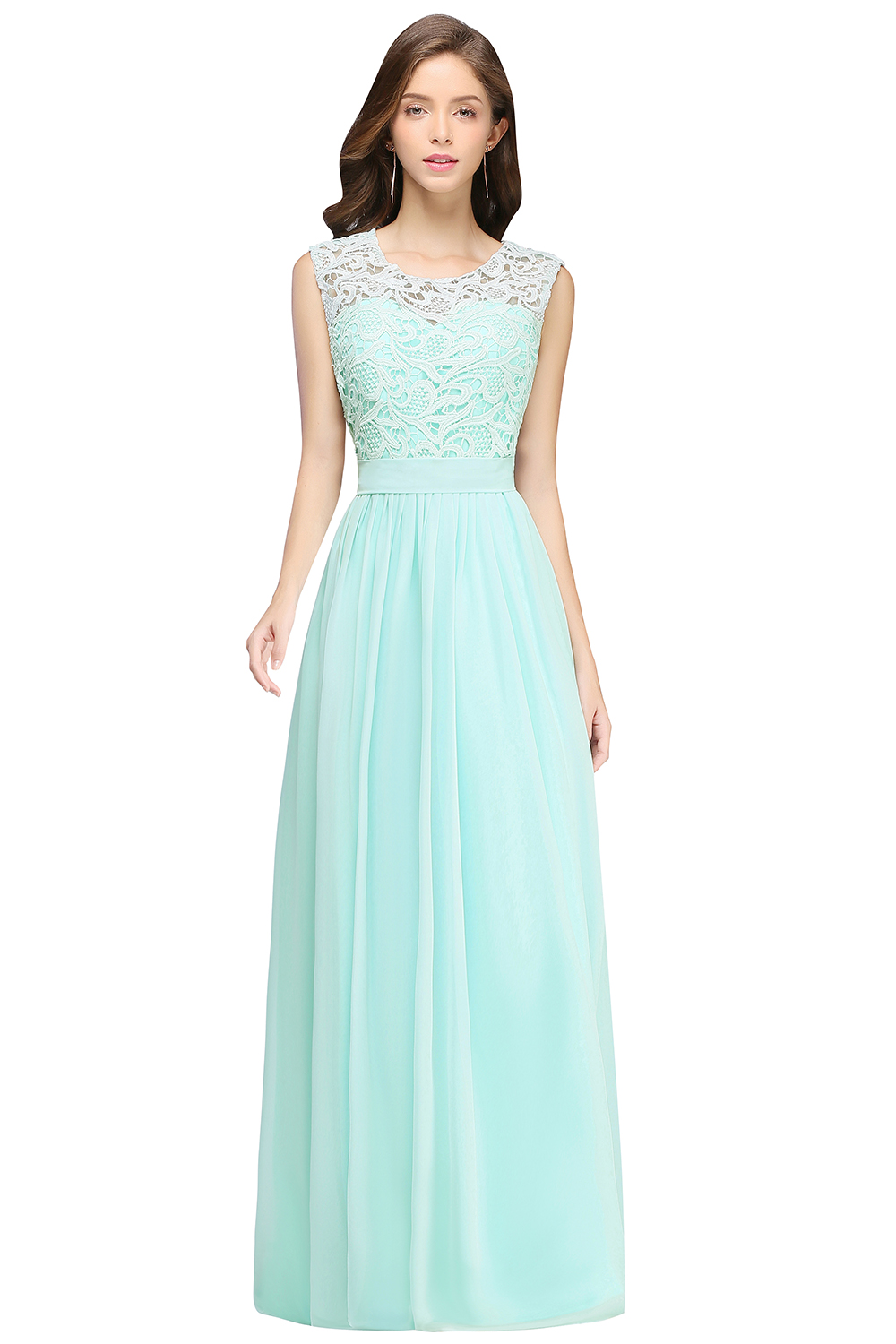 EMELY | Sheath Crew Sleeveless Floor-length Lace Top Chiffon Bridesmaid Dresses-newarrivaldress