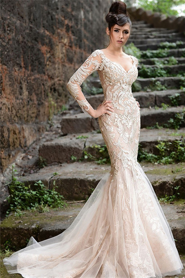 V-neck Long Sleeve Wedding Dresses Ivory | Mermaid Sexy Lace Evening Dresses 2021 bc1589-newarrivaldress