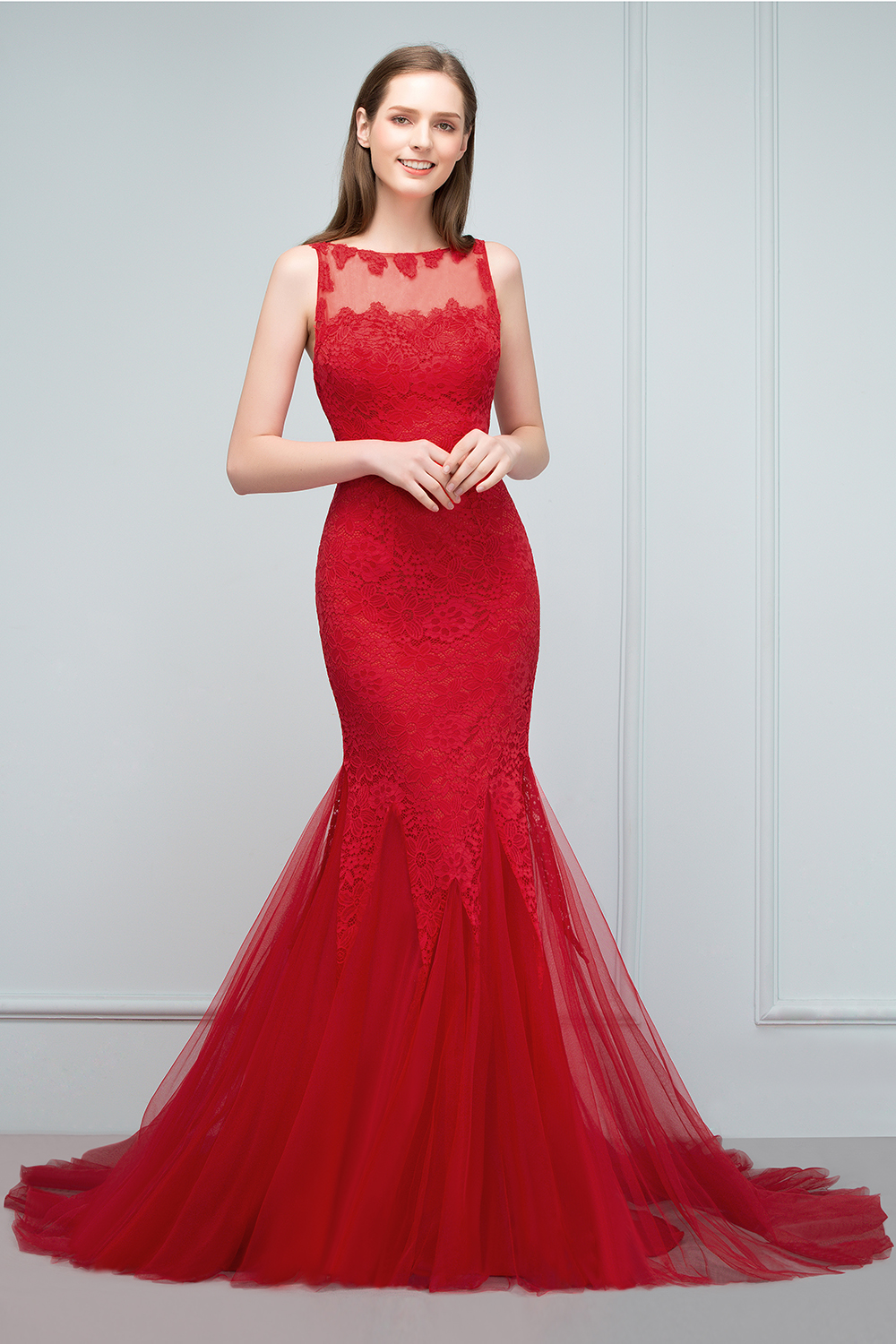 VANESSA | Mermaid Floor Length Illusion Neckline Sleeveless Tulle Lace Prom Dresses-newarrivaldress