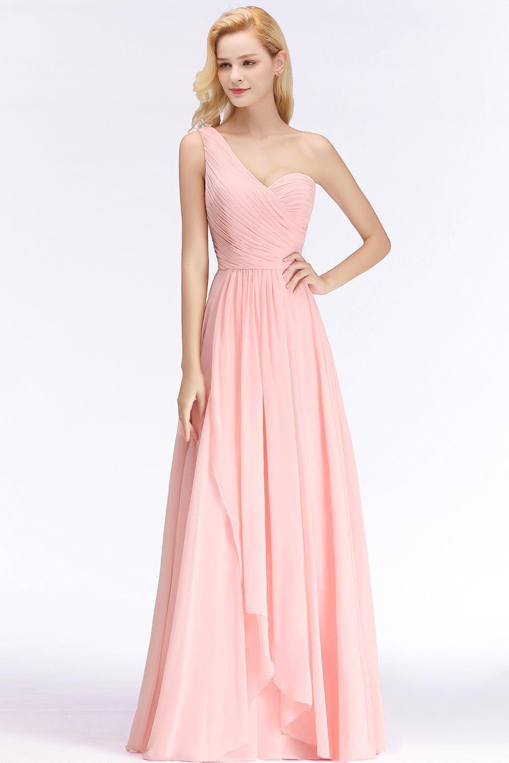 Pink One-Shoulder Modest Sleeveless Ruffled Zipper Floor-length Bridesmaid Dress-newarrivaldress