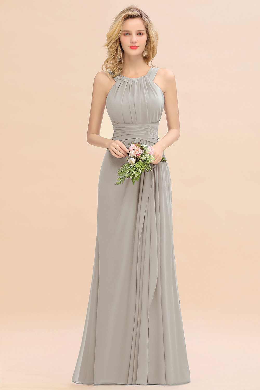 Halter Ruched Chiffon Mermaid Bridesmaid Dress Long Wedding Guest Dress-newarrivaldress