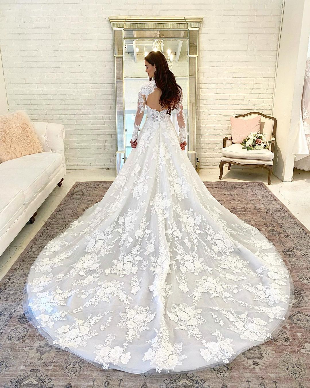 Romantic Wedding Dress with Sleeves Floral Lace High Neck Garden Bridal Dress-newarrivaldress