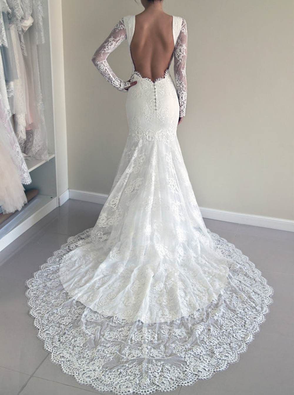 Backless Mermaid Gorgeous Lace Long Sleeve Sweep Train Wedding Dresses Online-newarrivaldress