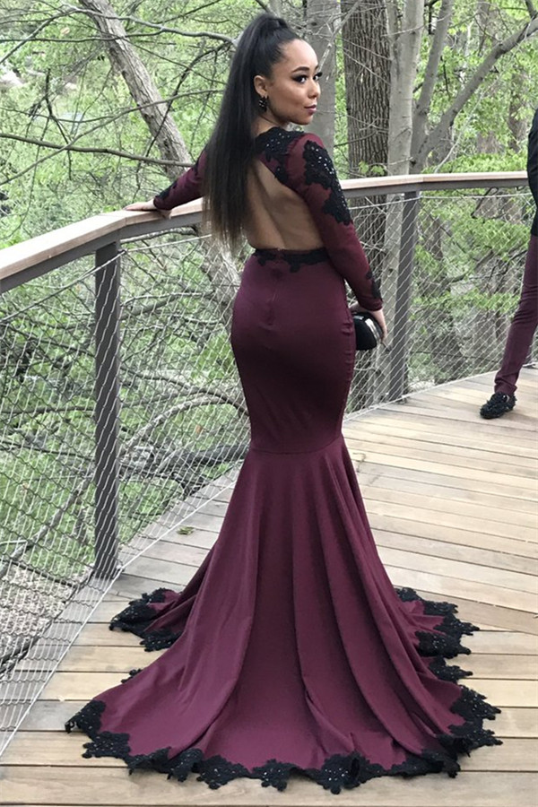 Long Mermaid Long Sleeve Prom Dresses | Appliques Open Back Formal Dresses with Beads SK0041-newarrivaldress