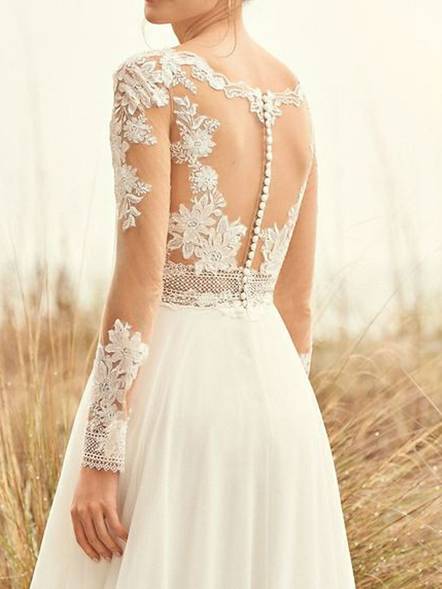 Lace Aline Wedding Dress Long Sleeves Chiffon Boho Bridal Dress-newarrivaldress