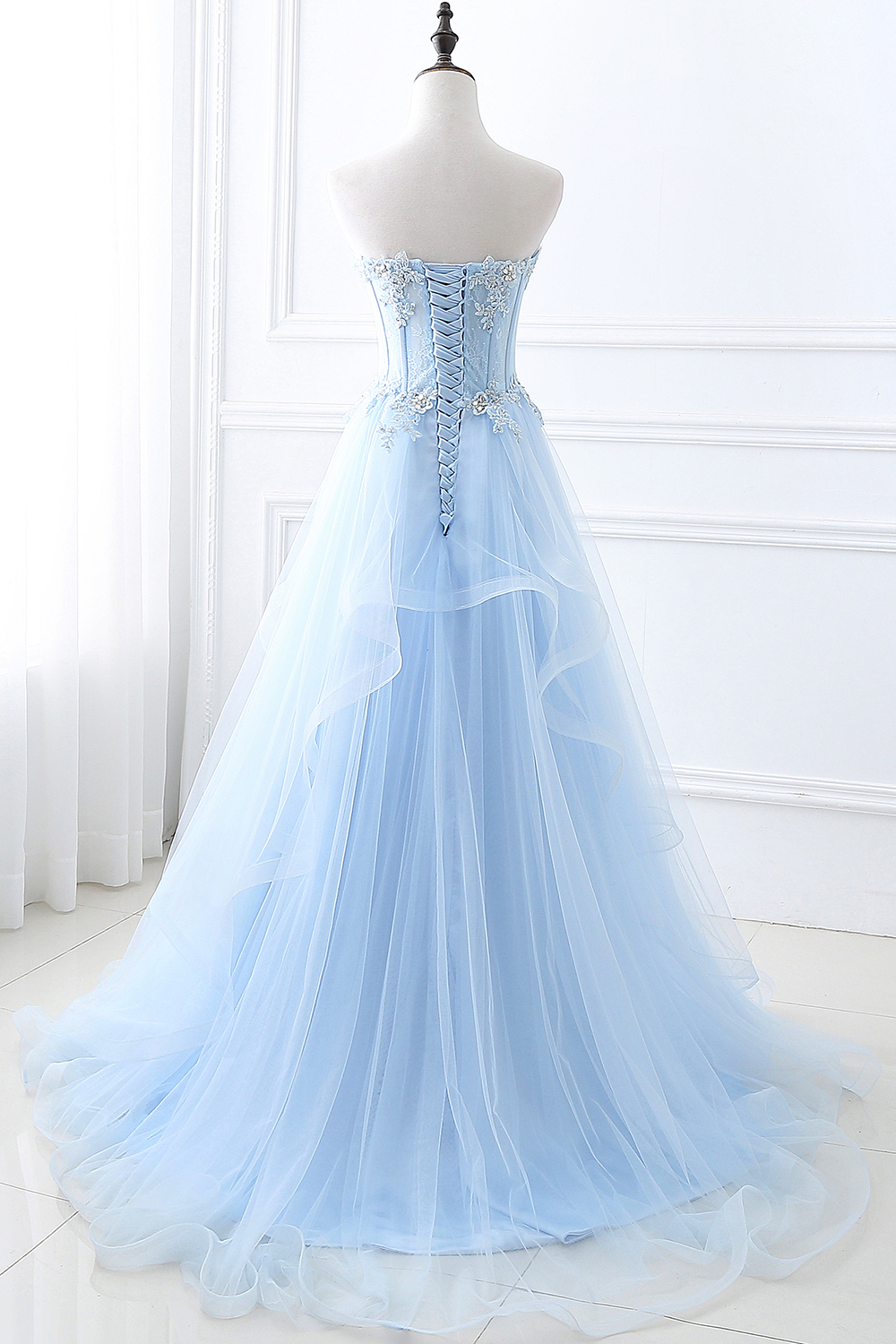 Strapless Fluffy Tulle Sky Blue Formal Dresses | Lace Appliques Evening Gowns-newarrivaldress