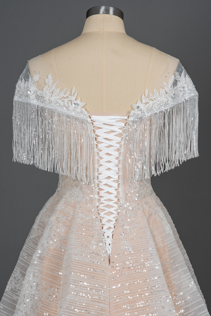 Romantic Tassels Off Shoulder Glitter Sequins Wedding Gown Garden Bridal Dress for Bride-newarrivaldress